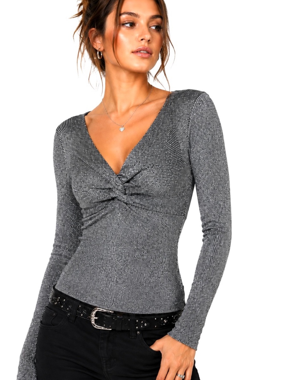 OASIS Y2K silver Metallic Twist-Front stretchy Top XS holidays Whimsygoth womens